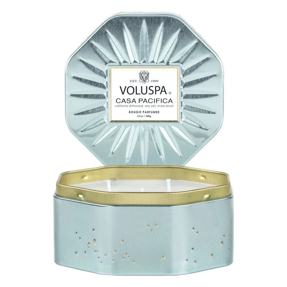 Voluspa Casa Pacifica Octagon Tin Duftlys Blue 3 Voluspa Casa Pacifica Octagon Tin Duftlys Blue