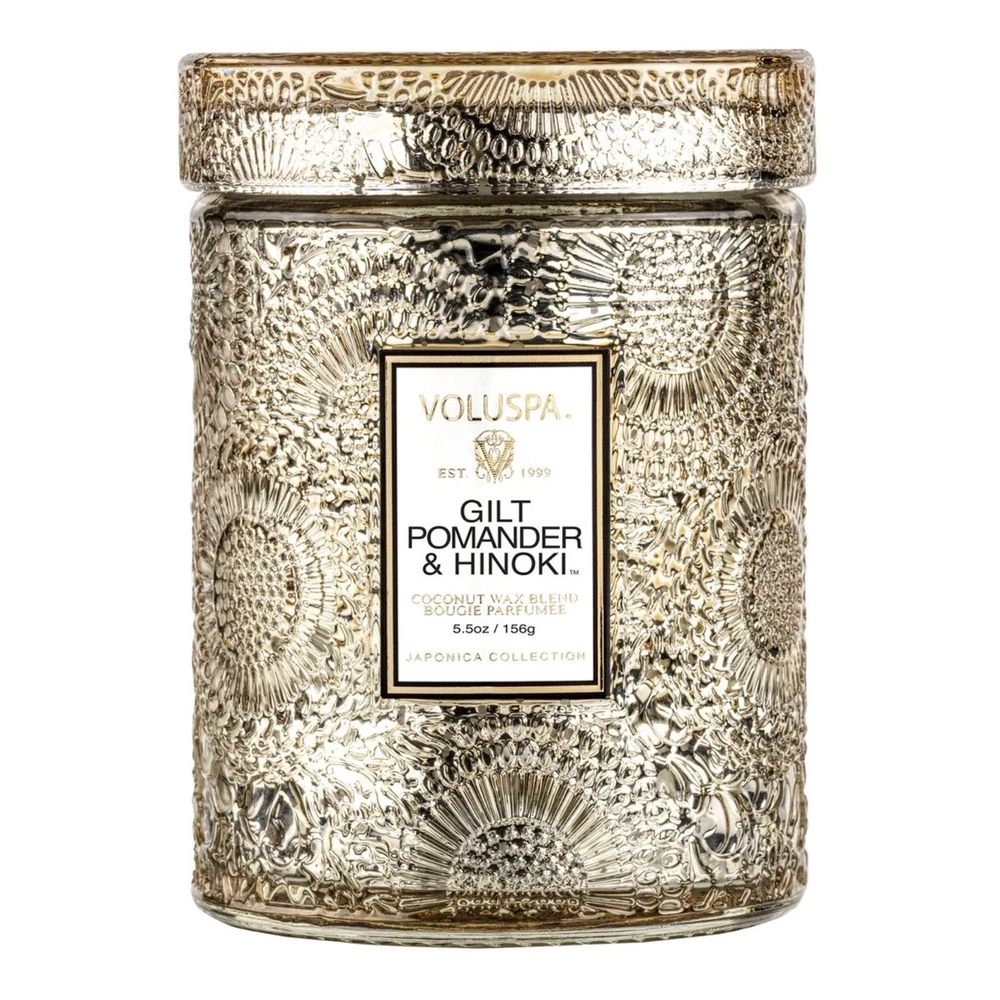 Voluspa Small Glass Jar Candle Gilt Pomander & Hinoki Yellow 3 Voluspa Small Glass Jar Candle Gilt Pomander & Hinoki Yellow